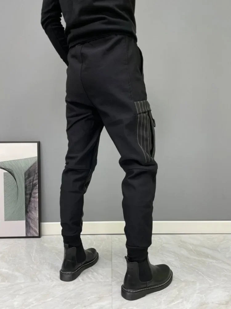 Black Men's Harem Cargo Pants Splicing Autumn Winter Stripe Male Pencil Trousers Spandex Casual Cotton Korean Style Y2k Vintage