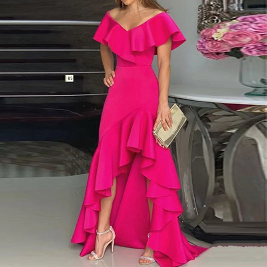 2025 Sexy V Neck Ruffles Party Dress Femme Elegant Summer Fashion Solid Sleeveless Slim Irregular Maxi Dresses For Women Robe