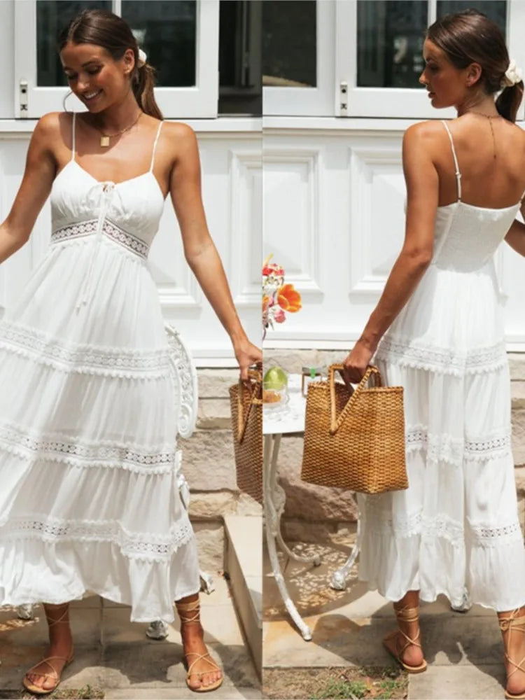 Summer New Women Boho Dress Fashion Spaghetti Strap White Beach Party Dress Robe Femme 2025 Elgeant Casual Female Vestidos