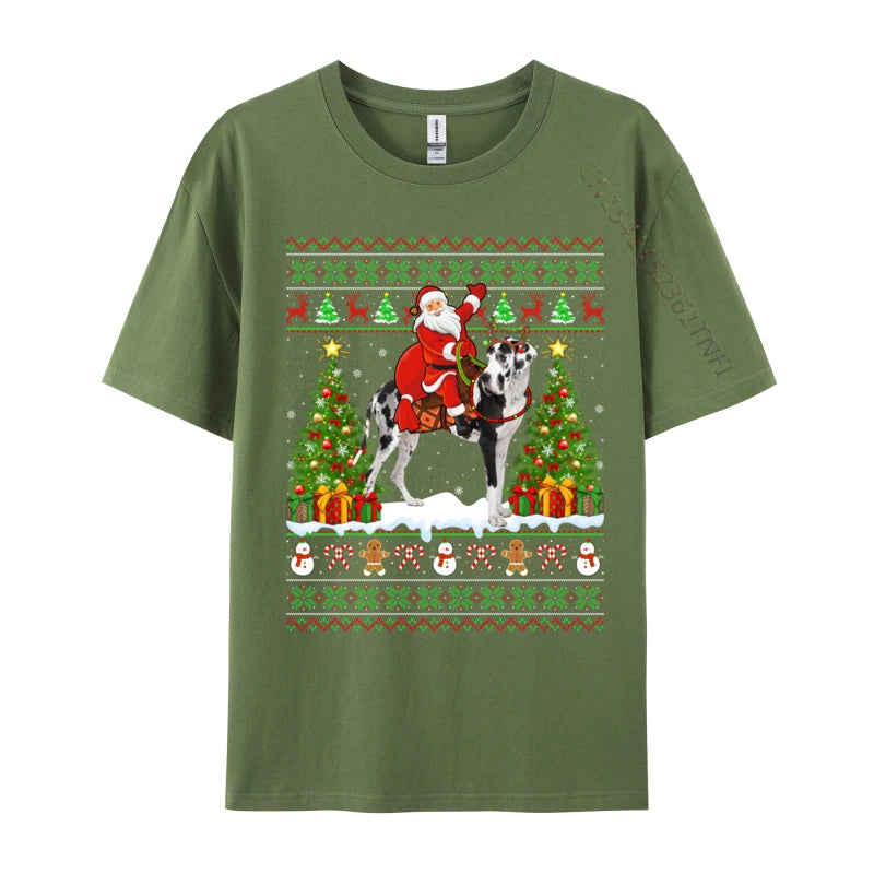 Xmas Sweater Ugly Santa Riding Great Dane Dog Christmas T Shirt Novelty Tees Classic Crew Neck T-Shirts Gift Idea Clothing
