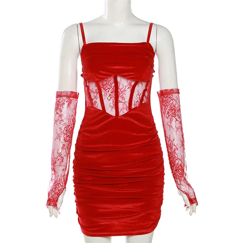 Goth Dark Velvet Ruched Elegant Corset Dresses Gothic Lace Patches Sheer Sling Party Dress Red Black Ladies Backless Clothes