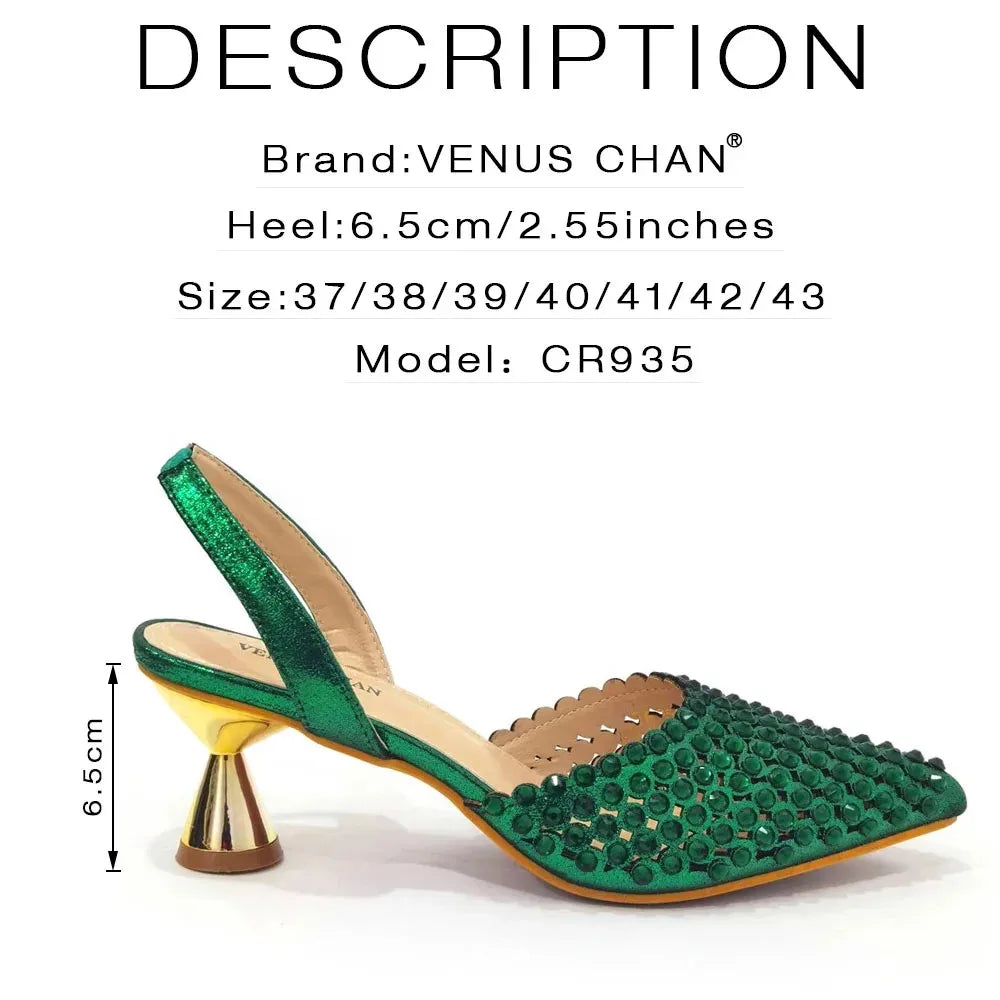 Sandals High Heels for Lady 2025 Luxury Designer Green Color Full Diamond Pointed Toe Wedding Shoe and Bag Set for Party