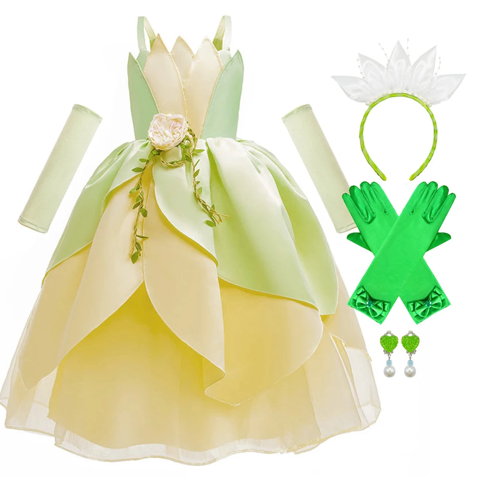 Fancy Girl Princess Tiana Costume Dress The Frog Cosplay Floral LED Light Up Clothing Halloween Girl Kids Christmas Party 2-11T