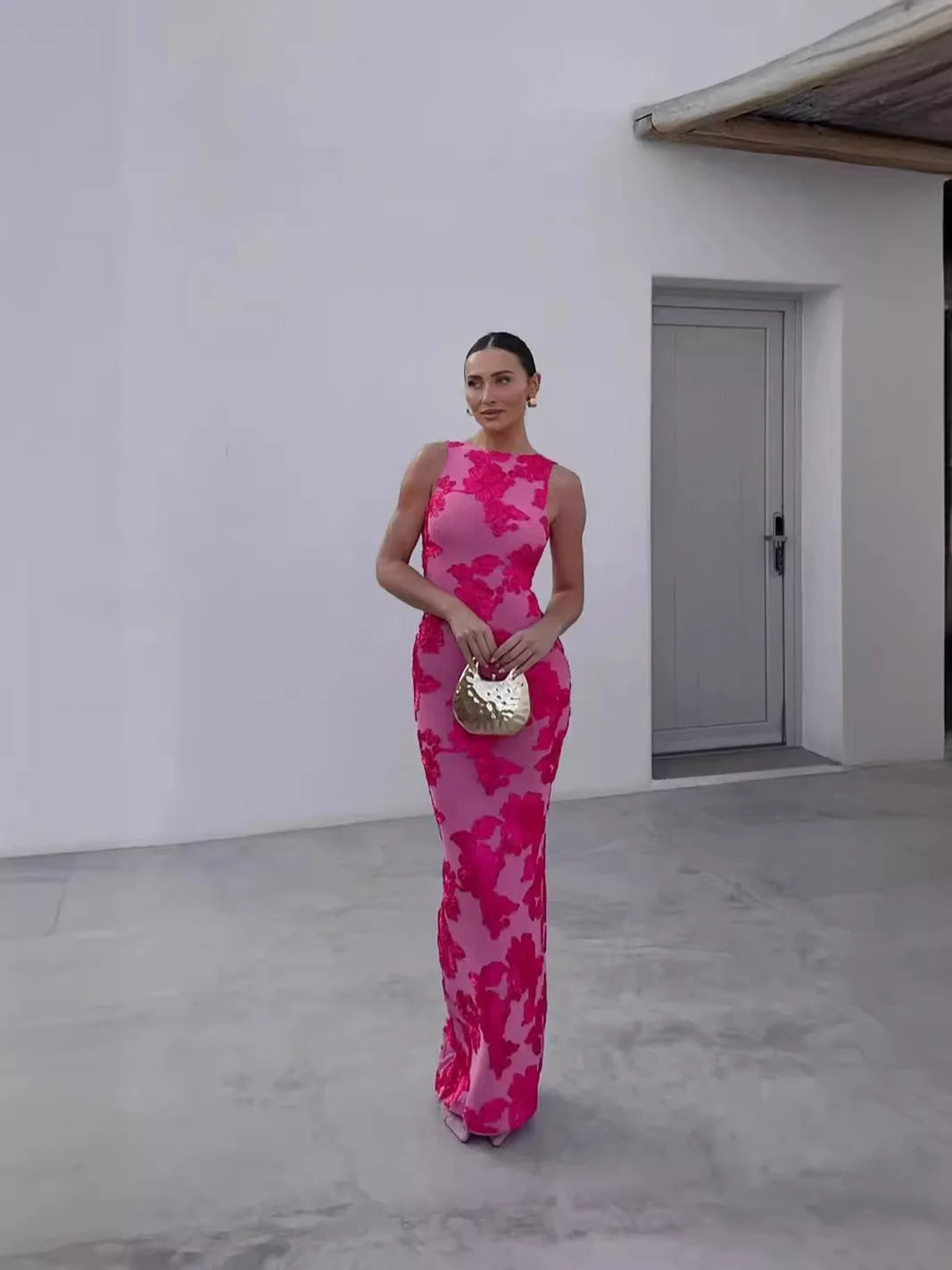 2025 New Elegant Women Sleeveless 3d Flowers Party Dress Embroidery Mesh Slim Hip Package Female Fshion Maxi Dresses Robe