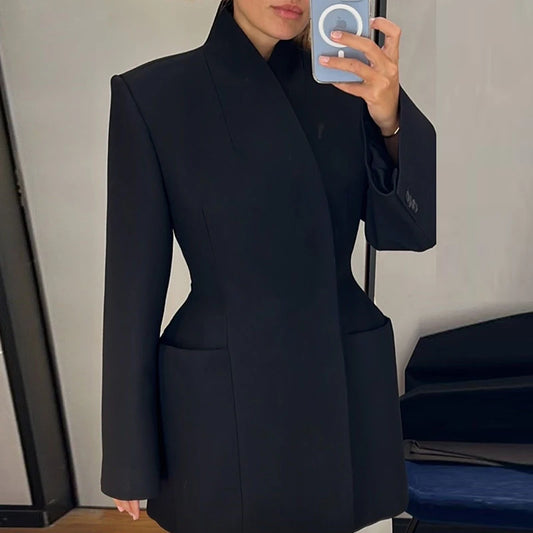 Ladies Fashion Stand Collar Pocket Commuting Coat 2025 Elegant Temperament Long Sleeved Jackets Casual Concealed Button Outwear