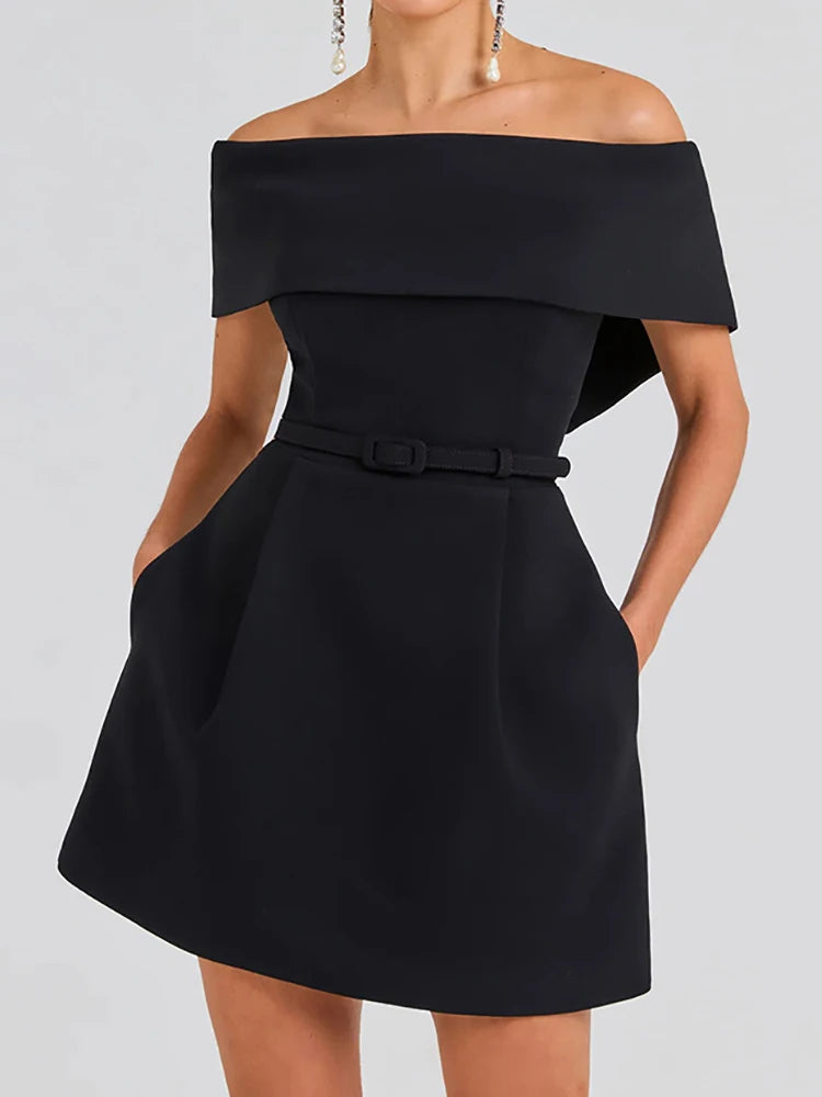 Slash Neck Off The Shoulder Solid Mini Dress, Women Spring Summer Patchwork Simple Party Dress, Short Sleeve Ladies Dress