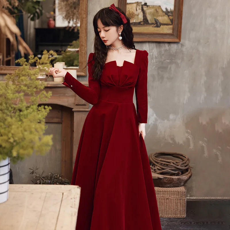 2025 Elegant Long sleeved Office Dress Wine Red Autumn Square Collar A-line Long Skirt Formal Party Wedding Bridesmaid Ball Dres