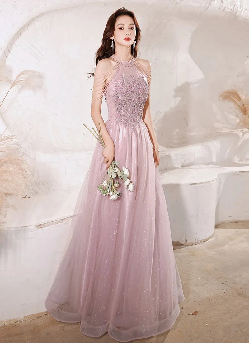 Luxury High Quality Pink Evening Dress For Prom Summer Autumn Temperament Socialite Senior Party Dress For Women
