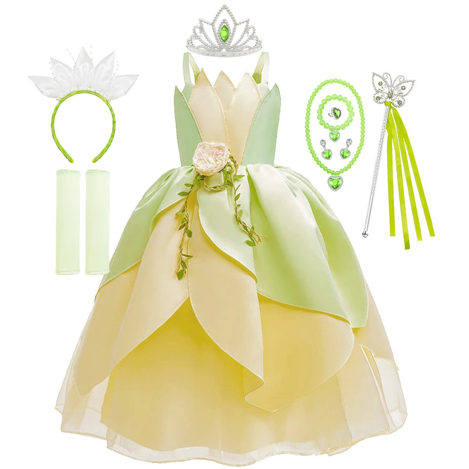 Fancy Girl Princess Tiana Costume Dress The Frog Cosplay Floral LED Light Up Clothing Halloween Girl Kids Christmas Party 2-11T