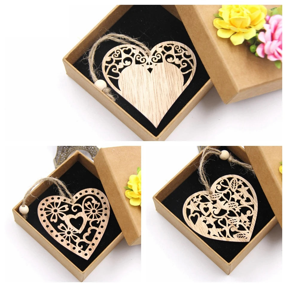 12PCS/Lot DIY Hollow Heart Wooden Pendants Ornaments Party Gifts Home Decor Wedding/Christmas Party Decorations Kids Gift