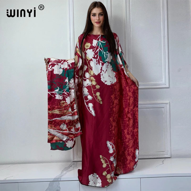 WINYI 2025 New African Women Dashiki boho print muslim woman dubai Free Size Design With Scarf Maxi Loose African Elegant Dress