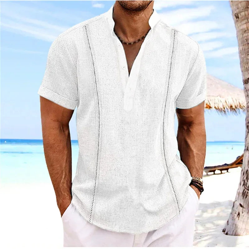 new men's short sleeve Henri collar solid color Cuban Guayabera cotton shirt fashion trend beach men's top