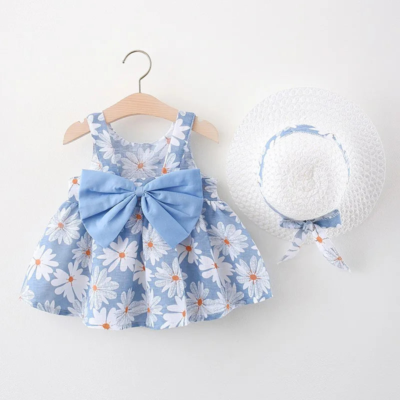 New Girl Fashion Dress Small Chrysanthemum Hanging Strap Big Bow Princess Dress Party Dress 0-3 Years Old