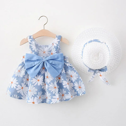 New Girl Fashion Dress Small Chrysanthemum Hanging Strap Big Bow Princess Dress Party Dress 0-3 Years Old