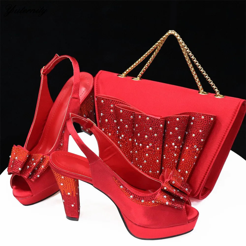 Fashion New Design PU With Rhinestone Woman Shoes And Purse Set Italian Style Sandal Shoes With Matching Bag Set For Party Dress
