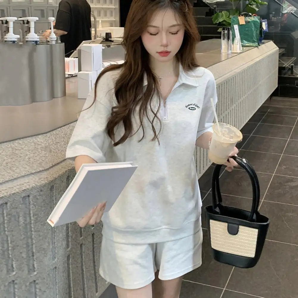 Embroidered Two-piece Suit Short Sleeve Zipper Sweatshirt Drawstring Waist Shorts Set Women Tracksuit Solid Color Top Shorts Set