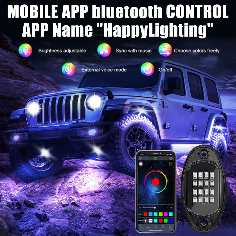 Undergolw Music Sync RGB LED Rock Lights For Jeep Off-Road Truck Boat Bluetooth APP Control 4/6/8 In 1 Car Chassis Light
