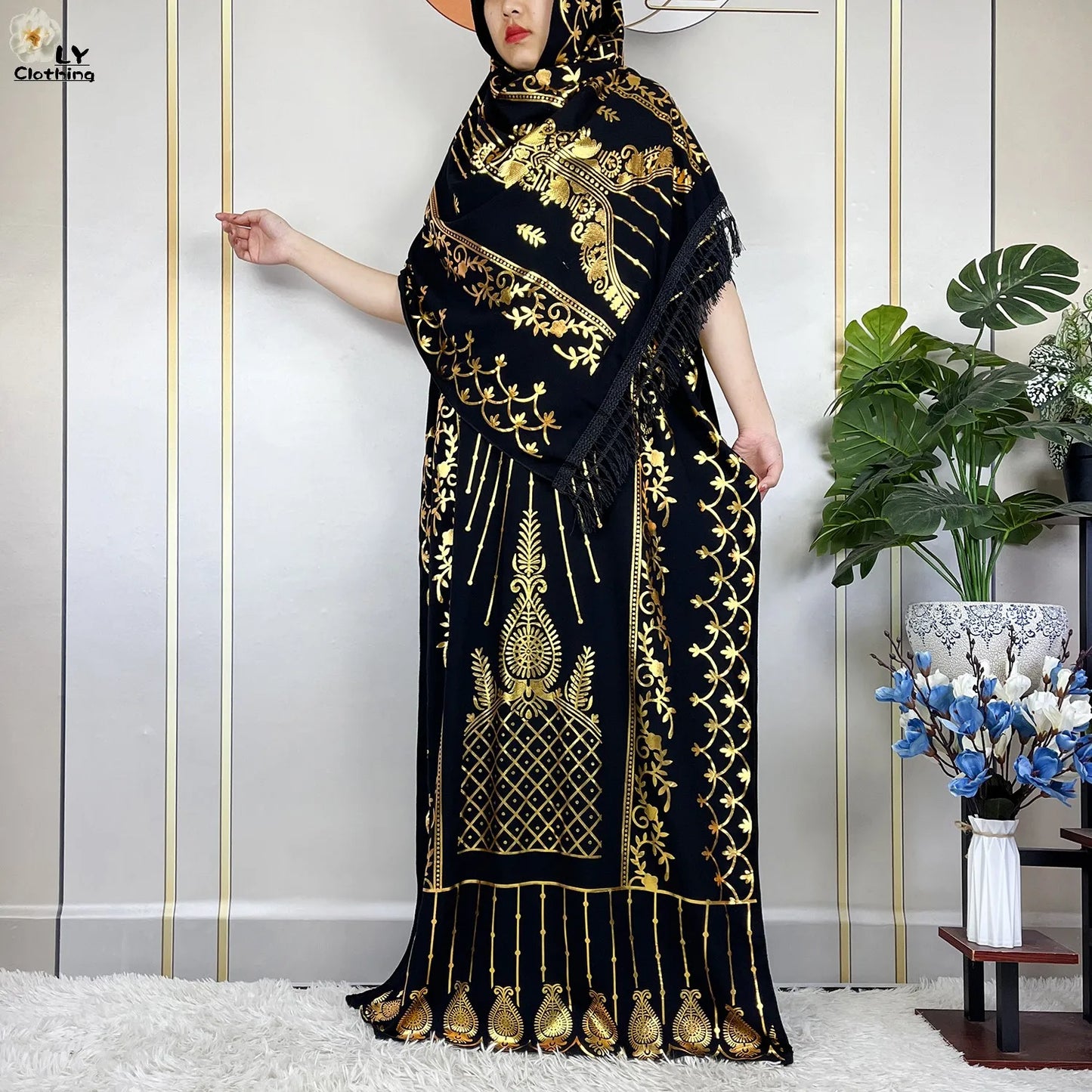 New Muslim Summer Short Sleeve Robe Gold Stamping Boubou Maxi Women Femme Loose Dress With Big Scarf African Abaya Clothes