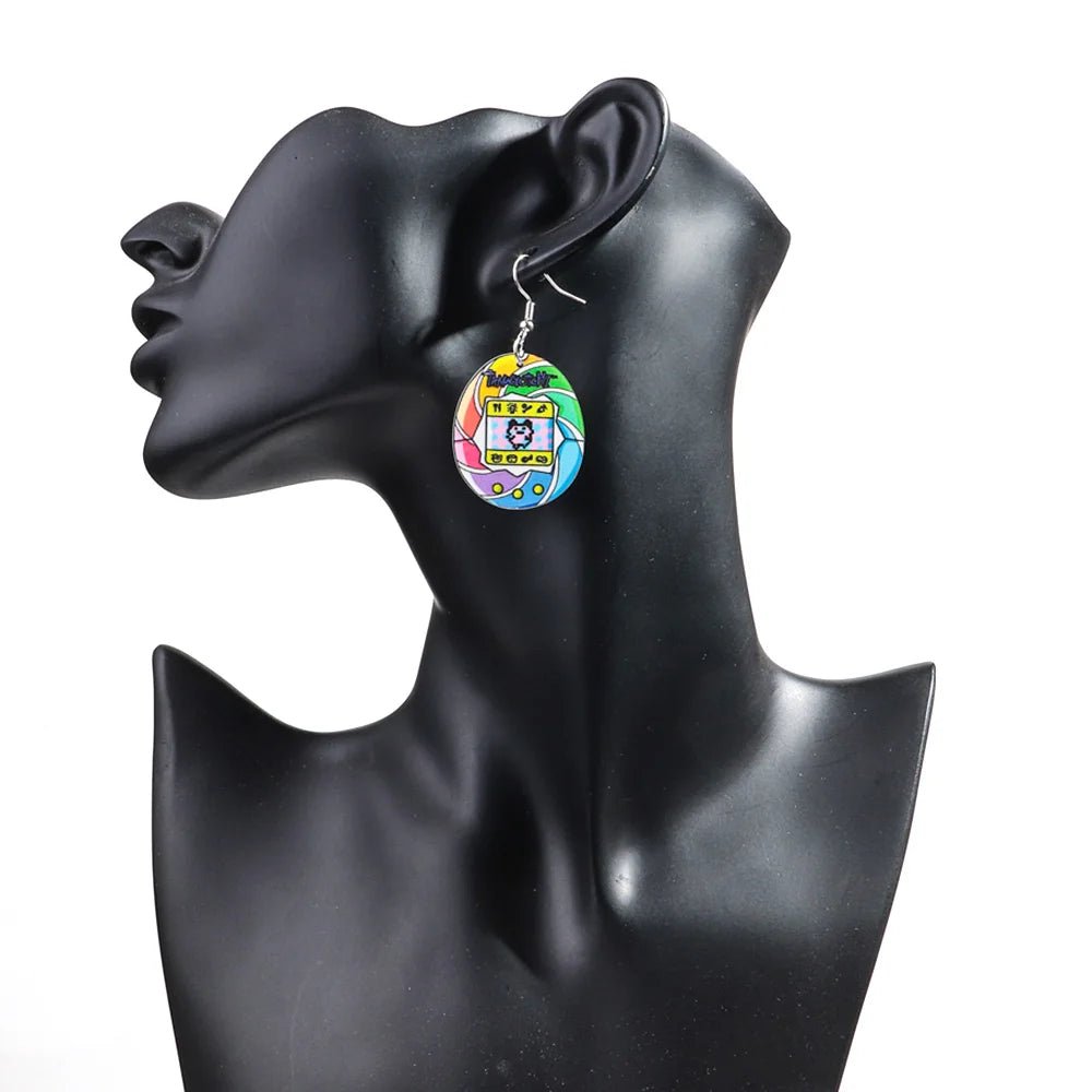 Cute Pink Phone Game Radio High Heels Ring Acrylic Print Earrings for Women Vintage Heart Bear Drop Earring Funny Jewelry