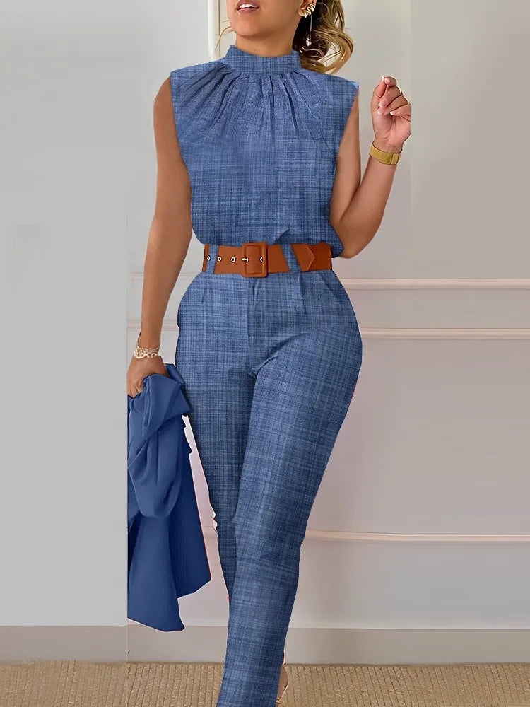 Office For Women Elegant Sleeveless Print Shirt And Pant Set Fashion Casual O-neck Slim Pants Two Piece Set Summer Outfits