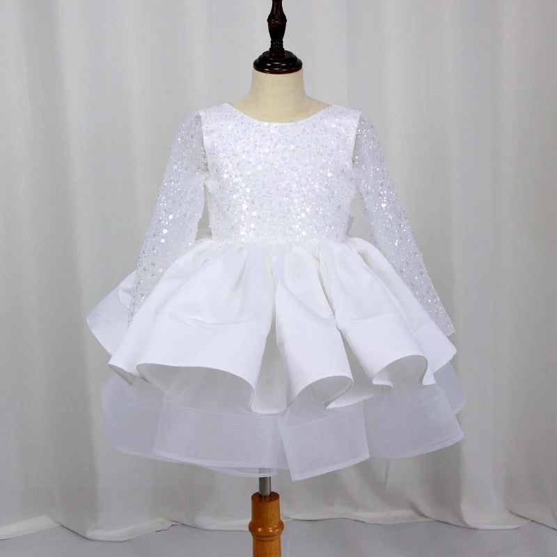 Summer Long Sleeve White Party Dress For Girl Children Lace Princess Dresses Girls Clothes Bridesmaid Wedding Birthday Gown