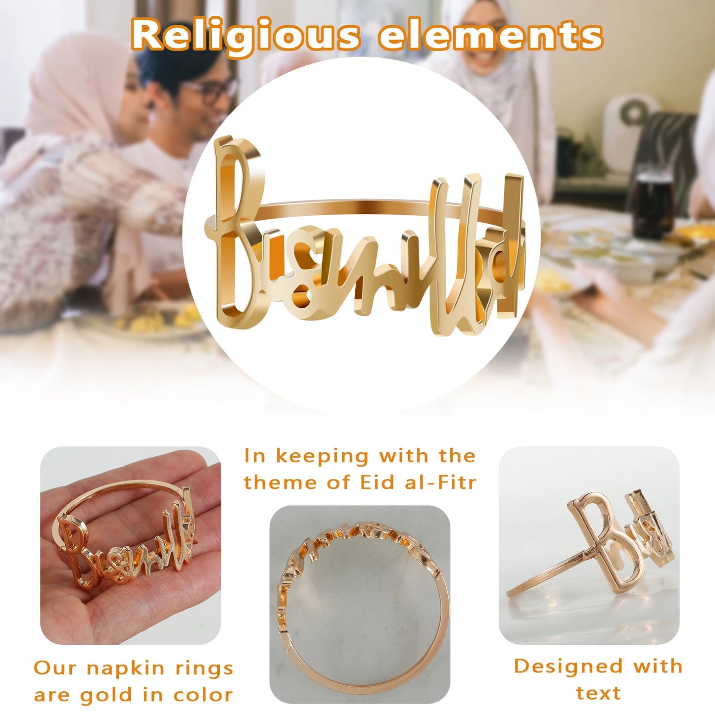 24pcs Bismillah Letter Metal Napkin Rings, Alphabet Napkin Buckles Holder Table Decoration for Wedding, Party, Ramadan, Banquet