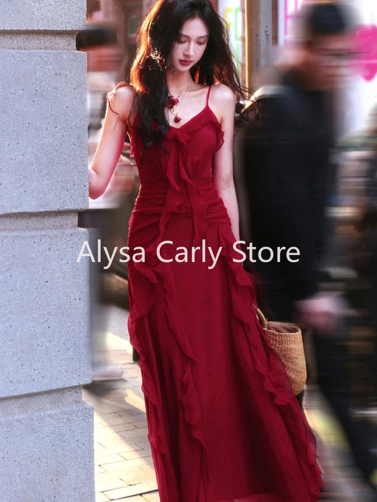 Red Vintage Elegant Midi Strap Dress Women Ruffles Design Causal Korean Fairy Dress Female Autumn Strapless Party Dress