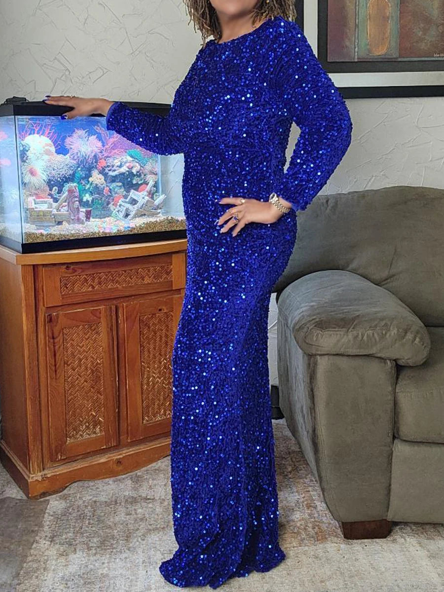 Romagic Elegant Women Modest Stretch Sequin Royal Blue Wedding Prom Gown Long Sleeves Mermaid Formal Evening Party Dress 2025