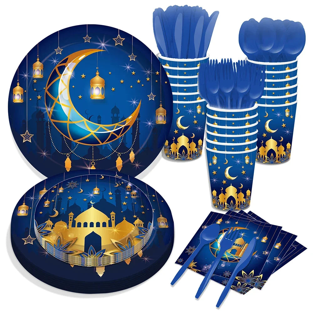 Blue Eid Mubarak Ramadan Moon Festival Muslim Party Disposable Tableware Sets Cups Plates Napkins Baby Shower Party Decorations