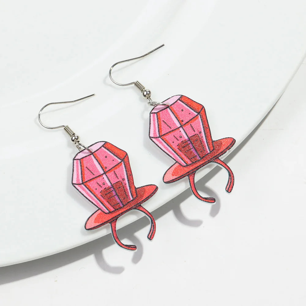 Cute Pink Phone Game Radio High Heels Ring Acrylic Print Earrings for Women Vintage Heart Bear Drop Earring Funny Jewelry