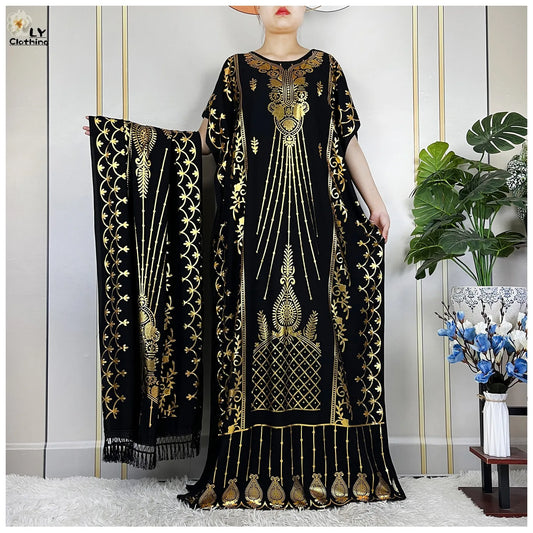 New Muslim Summer Short Sleeve Robe Gold Stamping Boubou Maxi Women Femme Loose Dress With Big Scarf African Abaya Clothes