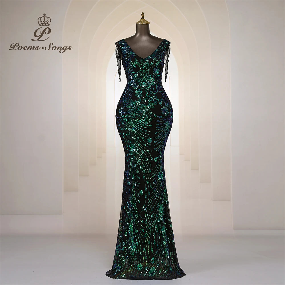 Sexy beaded sleeves Mermaid Evening Dresses For Women Prom Dresses Maxi dress Party dress Beautiful evening gowns
