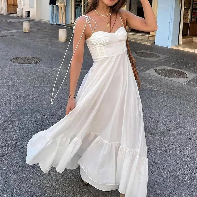 Women's White Party Dress Ruffle Spaghetti Strap Sleeveless Elastic High Waist Maxi Dresses Summer Sexy Evening Female Vestidos