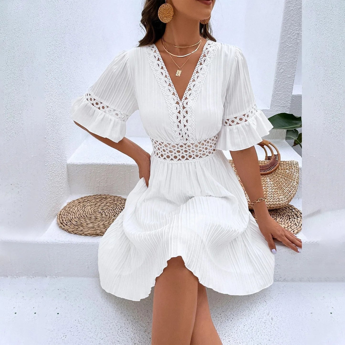 Women Sexy V Neck Flying sleeve Mini Dress Summer Hollow Embroidery Lace Patchwork Party Dress Casual Loose Beach A-Line Dress