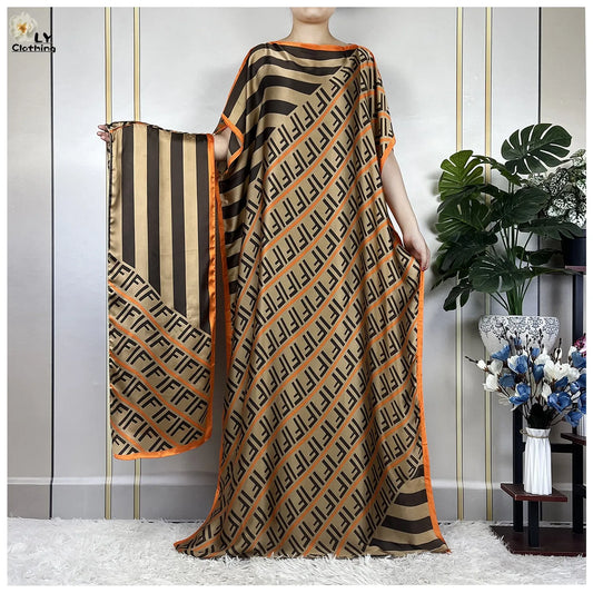 Muslim Abayas For Women 2025 New Fashion Printed Silk Soft Loose Femme Elegant Robe African Maxi Party Dresses With Belt Turban