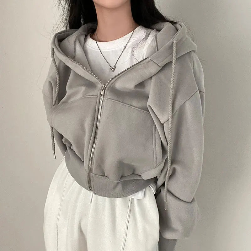 Casual Hood Sweatshirt Women Fall Zip Up Hoodies Solid Harajuku Long Sleeve Shirt Oversized Crop Tops Female Loose Jackets Coat