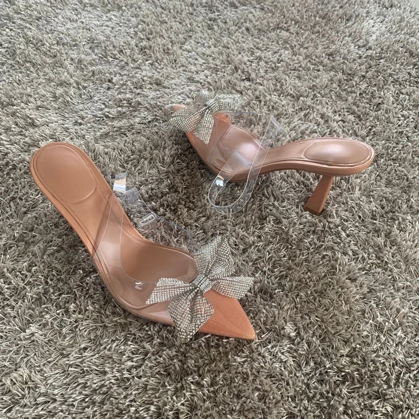 Women Summer Bow Rhinestone Slingback Pumps Fashion Lady Transparent High Heels Sandals Elegant Pointed Toe Heels 2023