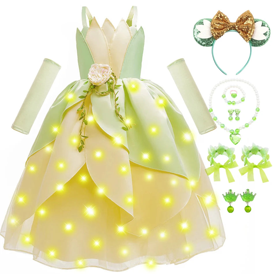 Fancy Girl Princess Tiana Costume Dress The Frog Cosplay Floral LED Light Up Clothing Halloween Girl Kids Christmas Party 2-11T