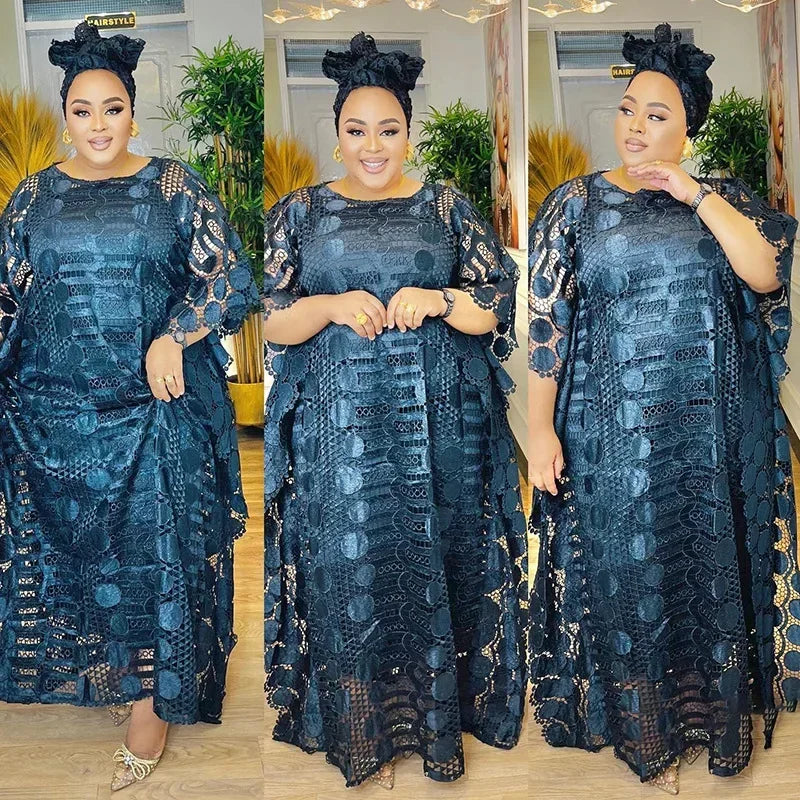 African Dresses for Women Traditional Elegant Dashiki  Fashion Lace Boubou Plus Size Wedding Party Gown Muslim Kaftan Maxi Dress