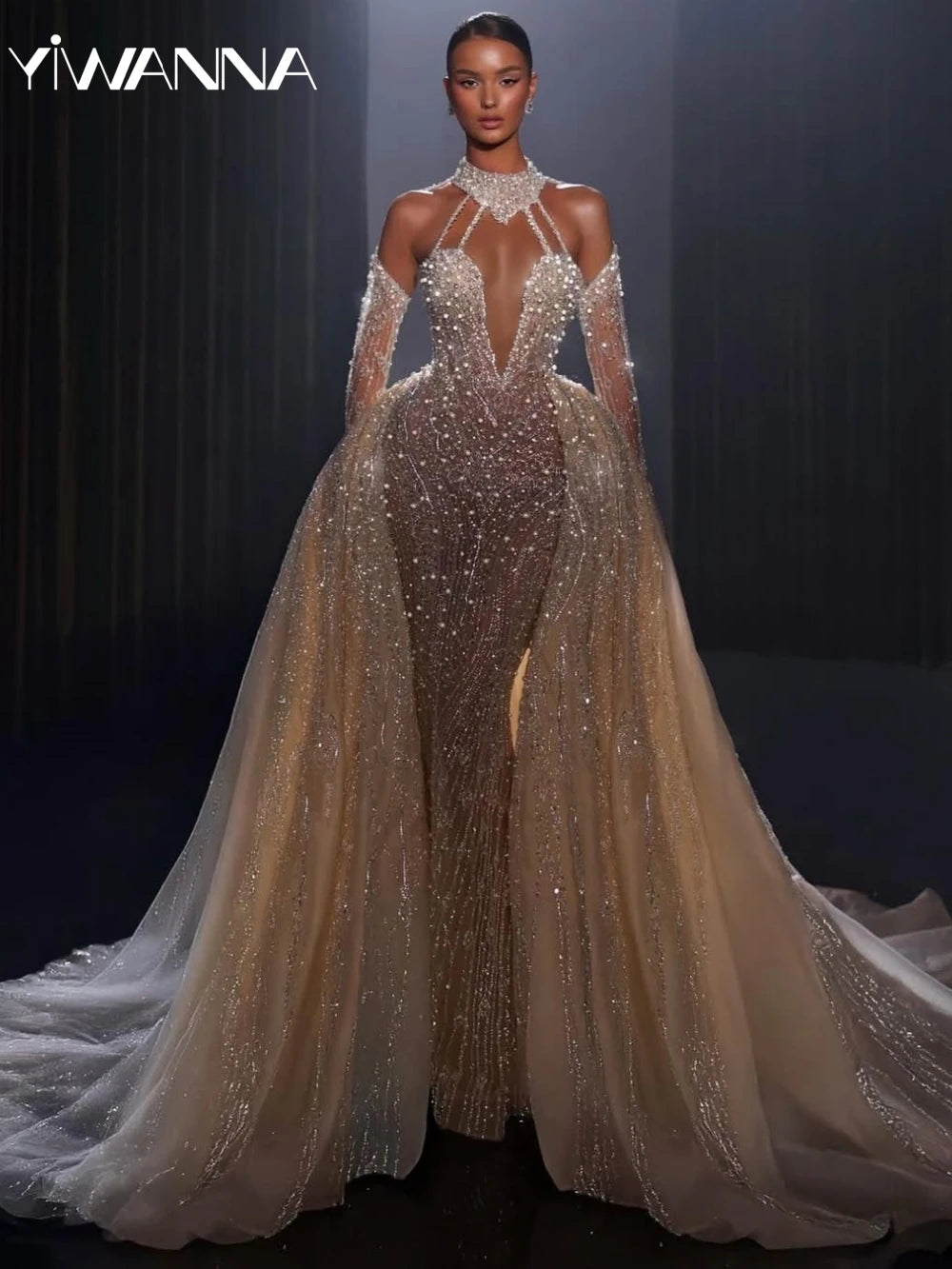 Luxury Detachable Train Sleeve Wedding Dress Shiny Beaded Pearls Bridal Gown Customized Sexy illusion Mermaid Dresses For Bride