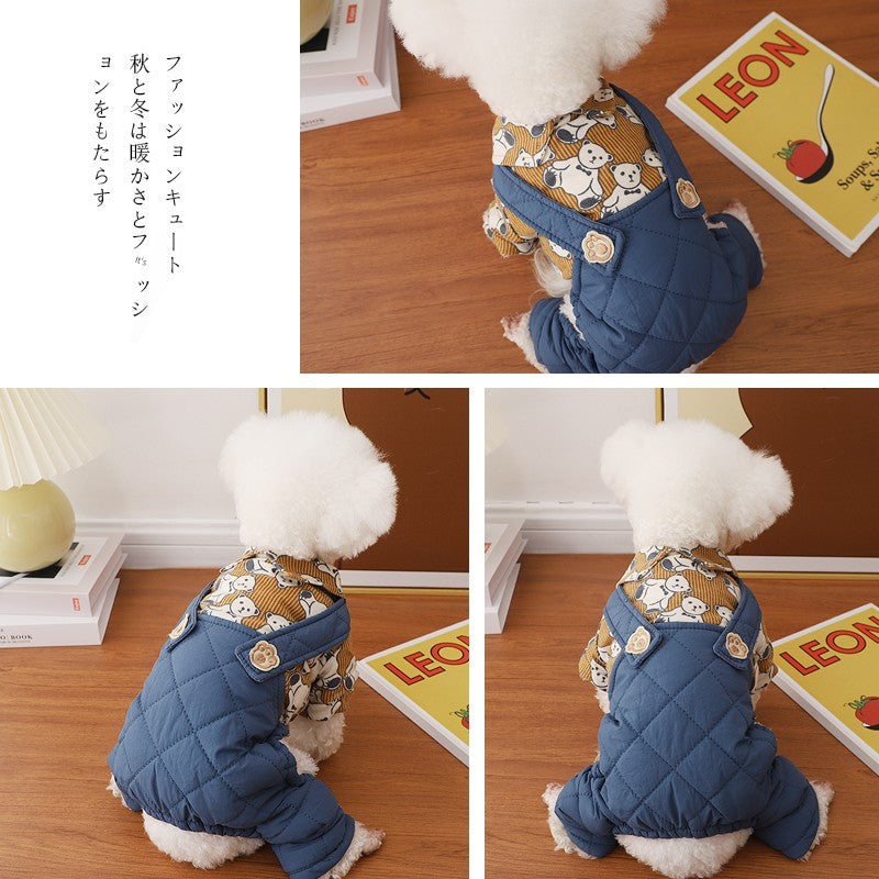 Dog Winter Cartoon Print Suspenders Minlature Pinscher Small Shiba Inu Teddy Puppy Puppy Winter Clothing Warm Four-Legged Pet Clothing