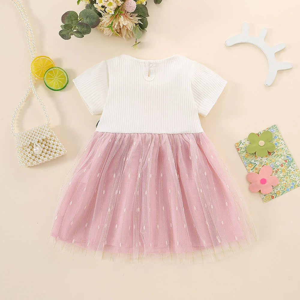 New Baby Girls Dress Short Sleeve Crew Neck Shaggy Flower Bow Netting Sweet Princess Dress Birthday Party Dress