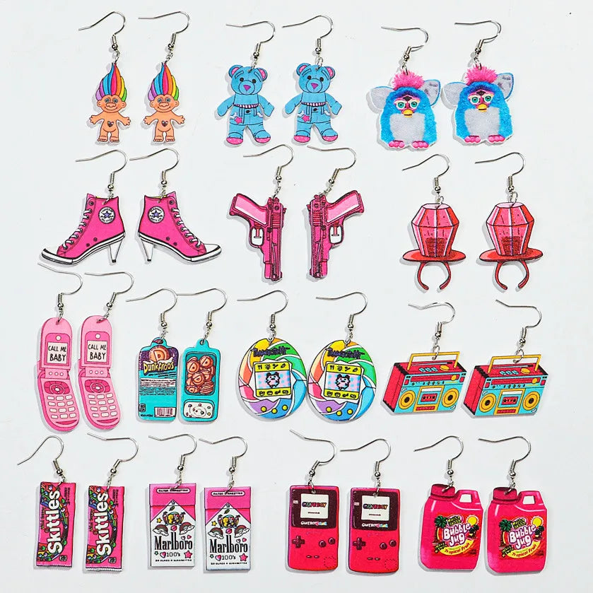 Cute Pink Phone Game Radio High Heels Ring Acrylic Print Earrings for Women Vintage Heart Bear Drop Earring Funny Jewelry