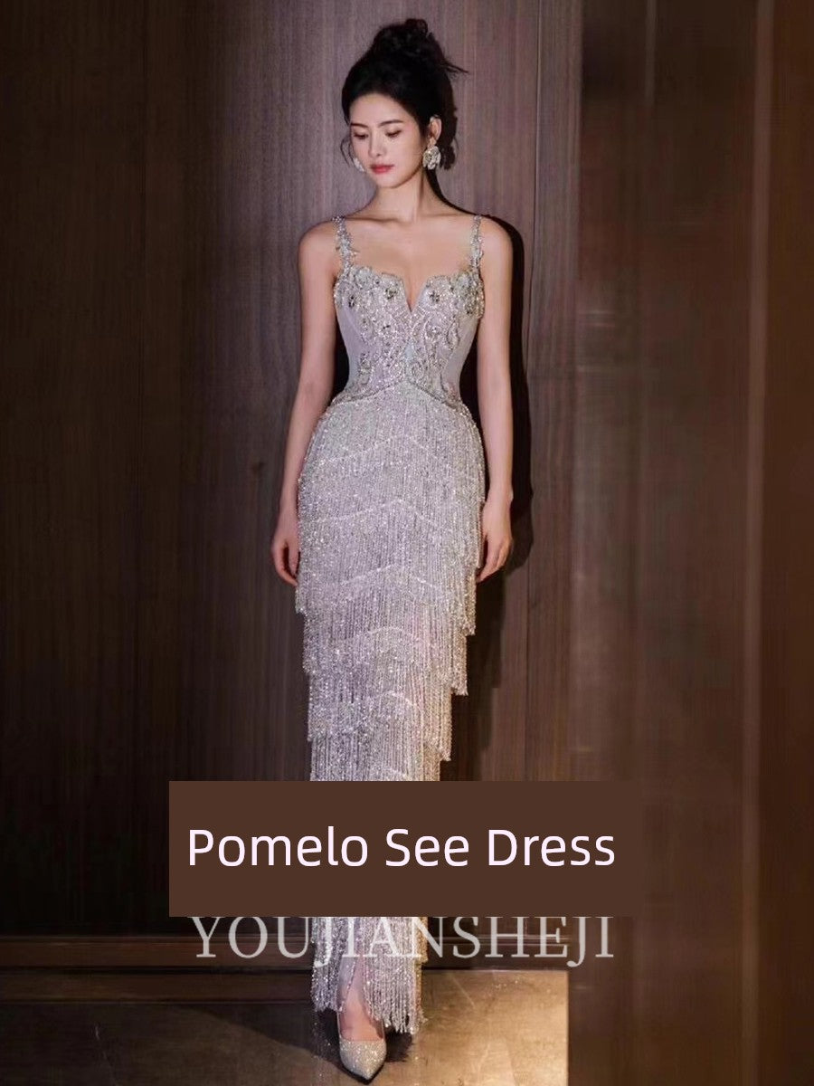 Banquet Heavy Work Evening Dress Women Fancy Sling Tassel Evening Gown Bride Engagement Formal Dress Classy Light Luxury