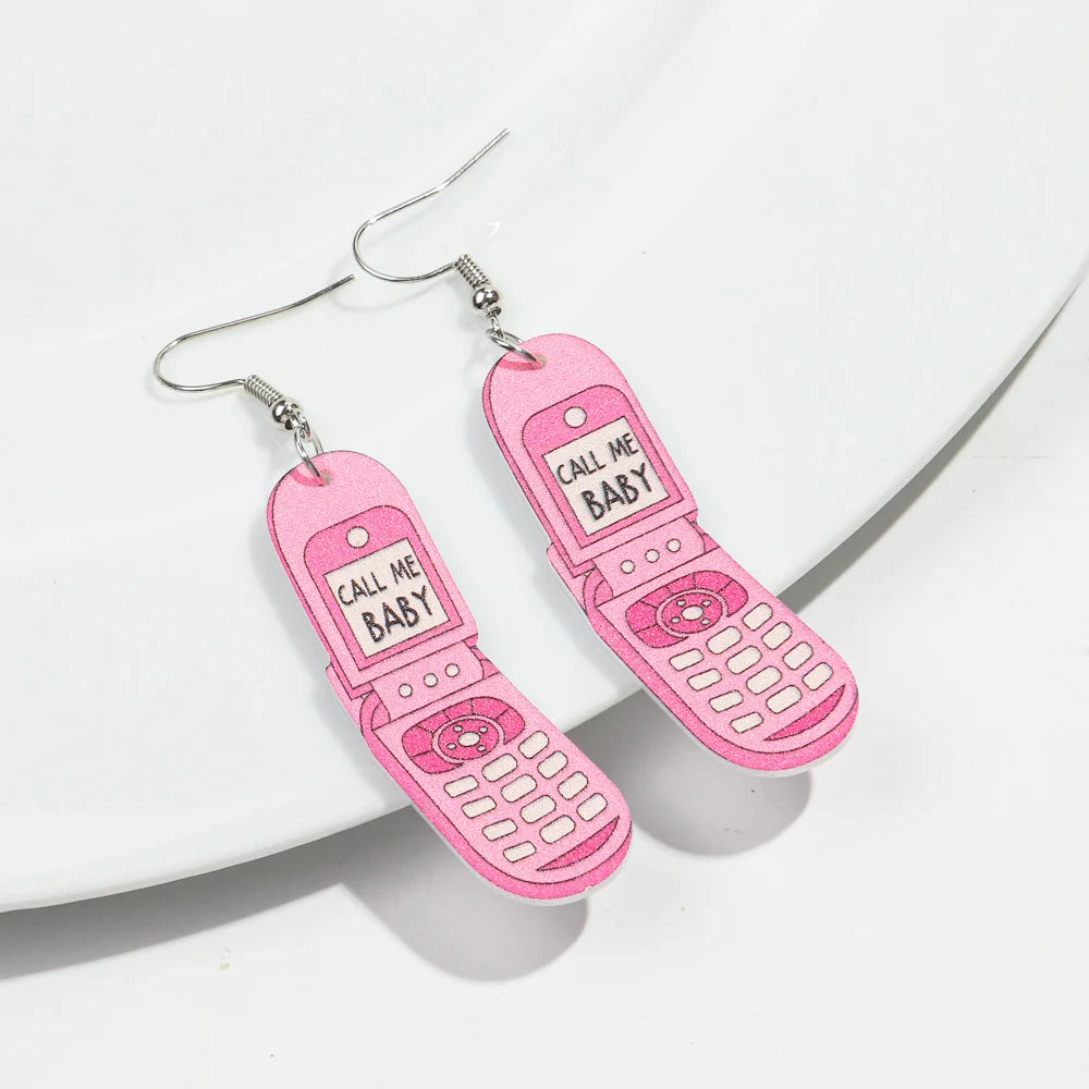 Cute Pink Phone Game Radio High Heels Ring Acrylic Print Earrings for Women Vintage Heart Bear Drop Earring Funny Jewelry