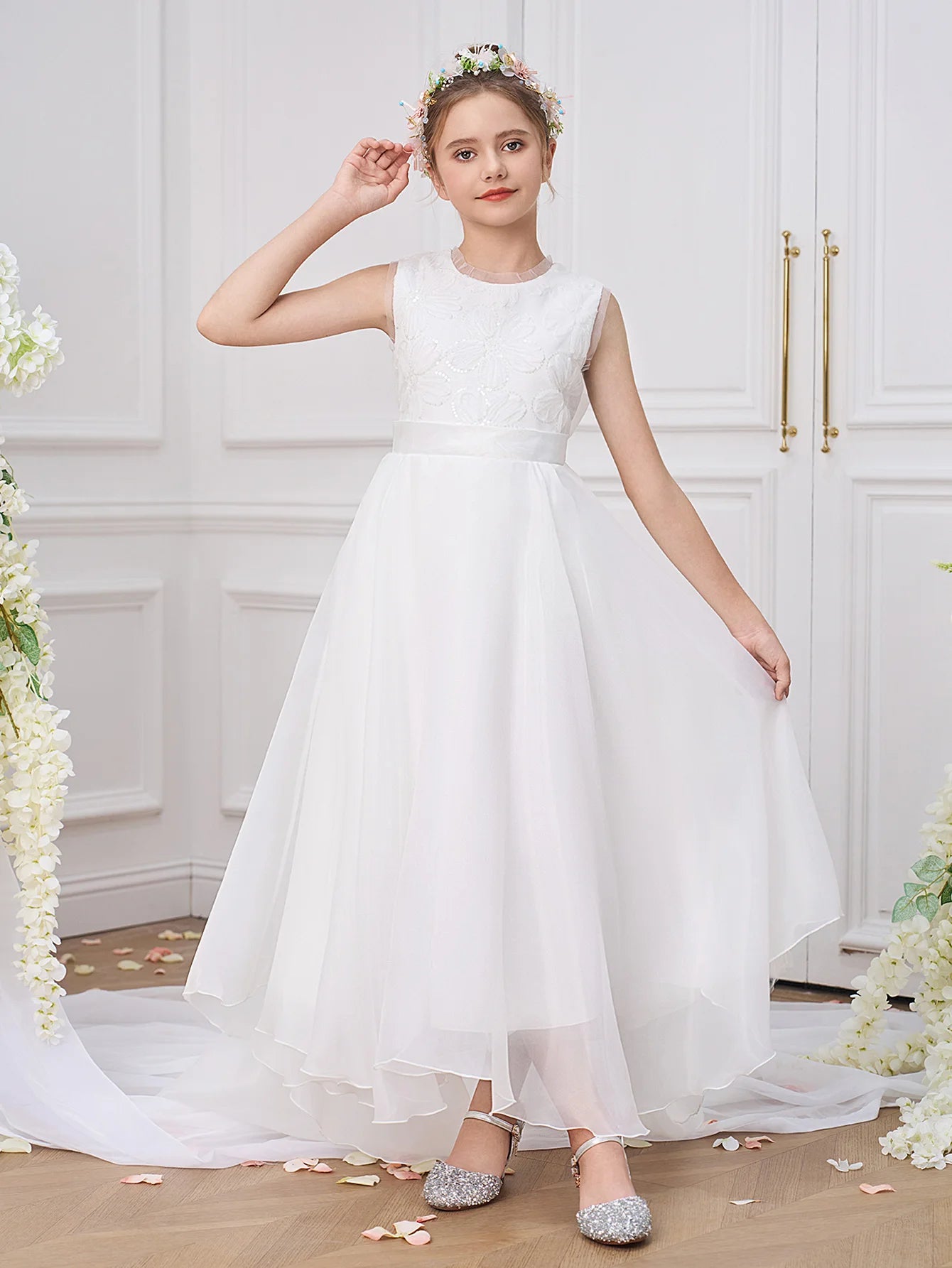 Fashion White Bridesmaids Party Girl Dress Elegant Flower Wedding Princess Prom Gown Kids First Communion Birthday Baptism Dress