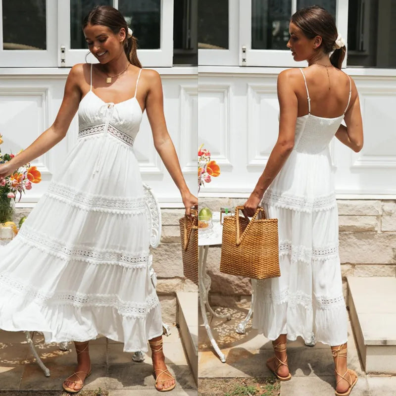 Summer New Women Boho Dress Fashion Spaghetti Strap White Beach Party Dress Robe Femme 2025 Elgeant Casual Female Vestidos