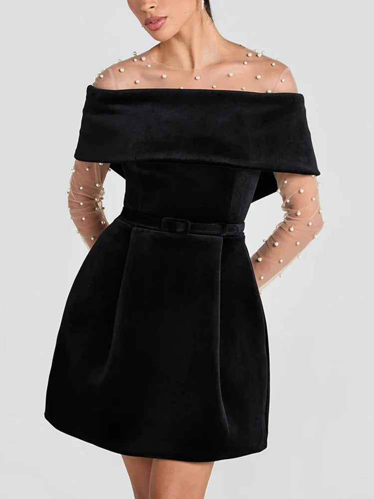 Slash Neck Off The Shoulder Solid Mini Dress, Women Spring Summer Patchwork Simple Party Dress, Short Sleeve Ladies Dress