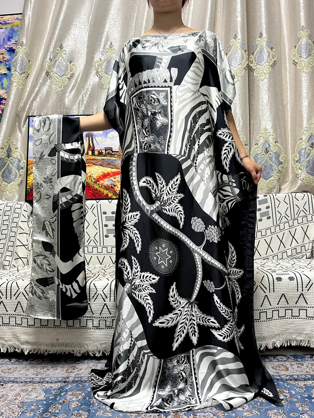 Abayas For Women 2025 Printed Floral Silk Satin Loose Femme Robe African Nigeria Dubai Party Evening Dresses With Belt Turban