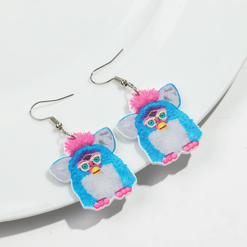 Cute Pink Phone Game Radio High Heels Ring Acrylic Print Earrings for Women Vintage Heart Bear Drop Earring Funny Jewelry